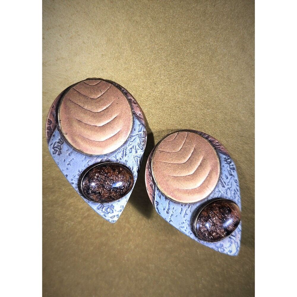 Vintage 80's Modernist Clip On Earrings Mixed Metal Copper Silver Tone Textured
